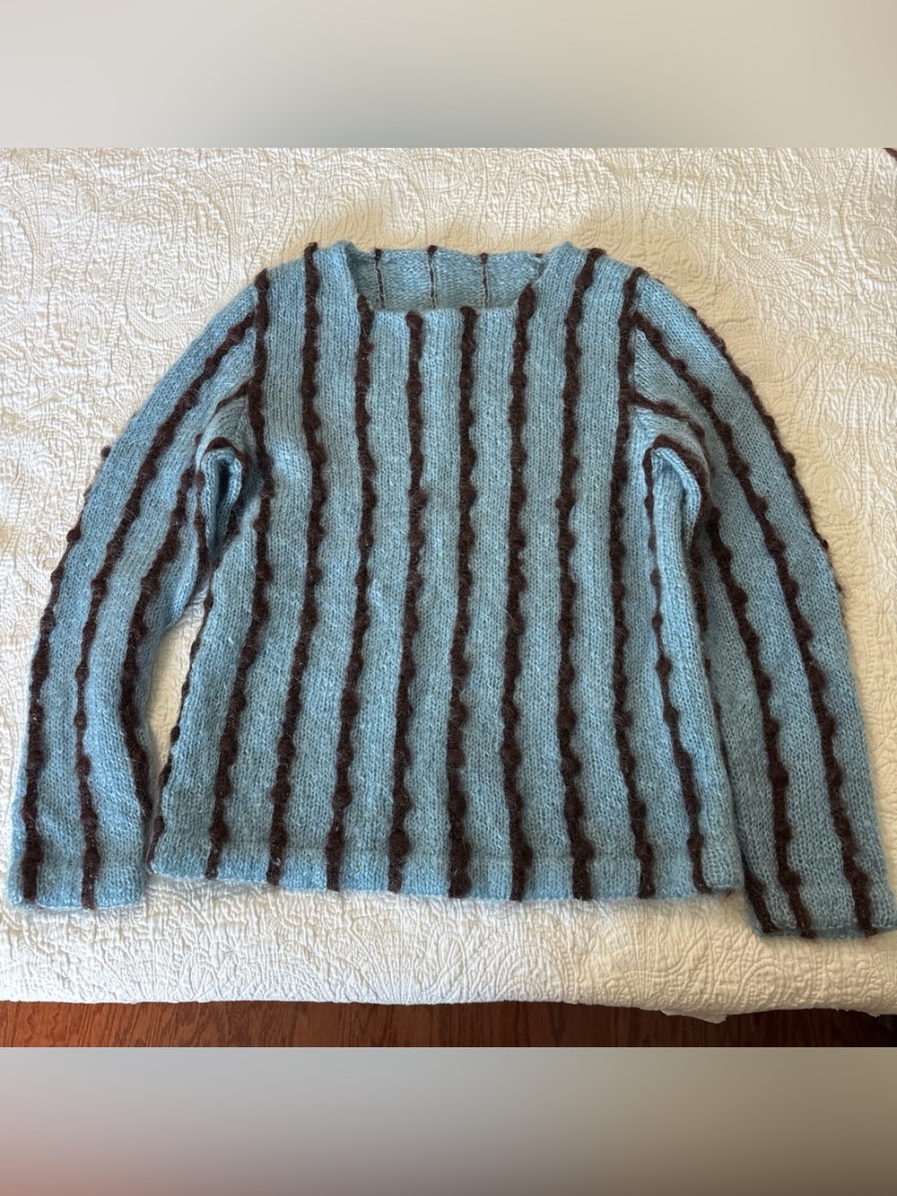 Vintage S/M Light Blue Crocheted Sweater W/Brown Vertical Stripe Mohair Pullover